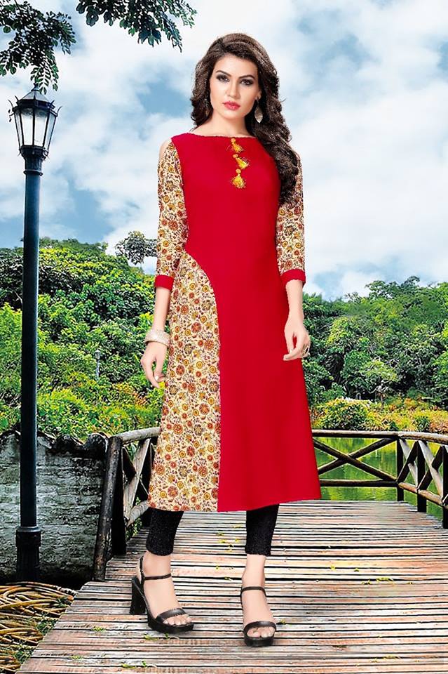 Partywear Red colour Rayon Fabric A-line Kurti for Women। Partywear Red colour Rayon Fabric A-line Kurti for Women।