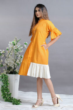 Buy Orange Dresses.Designer Professional Sun Orange Plitted short Shirts Dress.