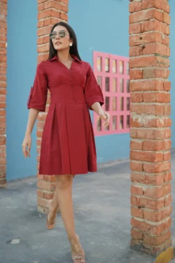 Buy Designer Sammar Fancy Linen Short Red Dress.